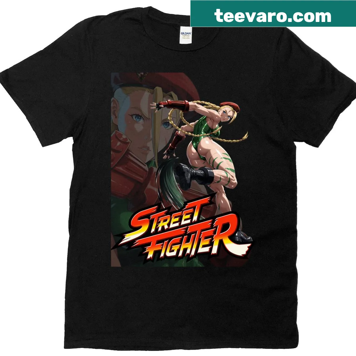 Oversized t-shirt featuring Cammy from Street Fighter — on a men's t-shirt