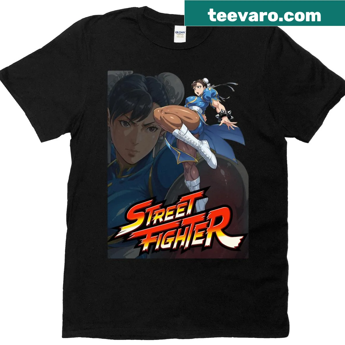 T-shirt featuring Chun-li from Street Fighter in a powerful pose — on a men's t-shirt