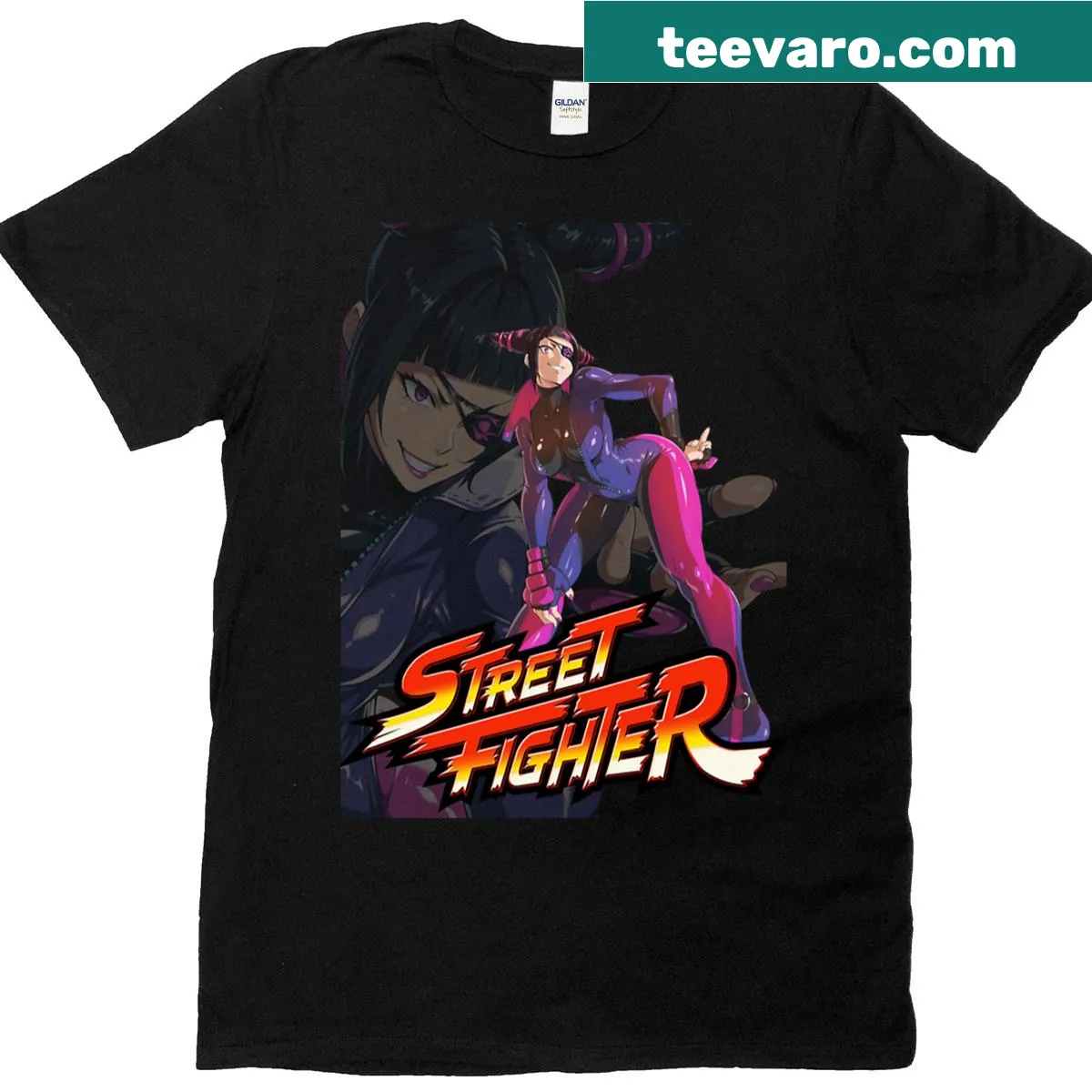 T-shirt featuring Juris from Street Fighter in action — on a men's t-shirt