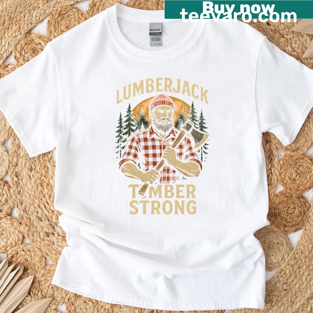 Vintage lumberjack graphic T-shirt featuring timber imagery — on a men's t-shirt
