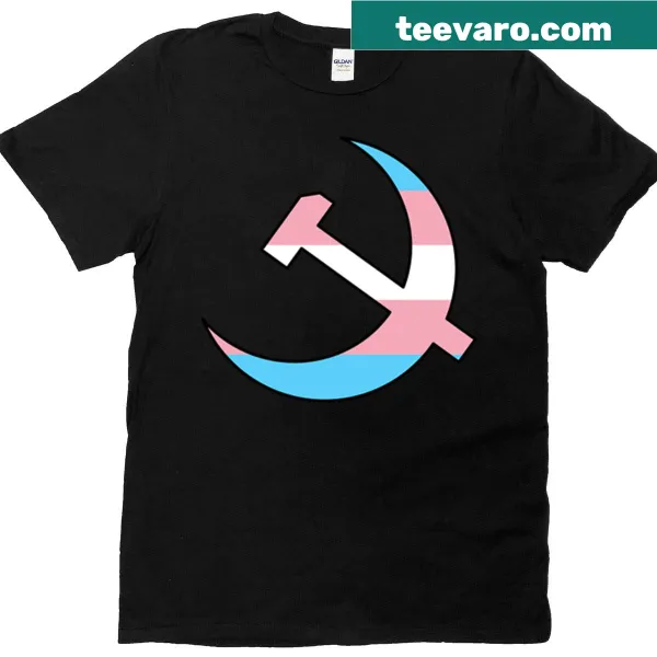 Stylized hammer and sickle graphic with trans flag design
