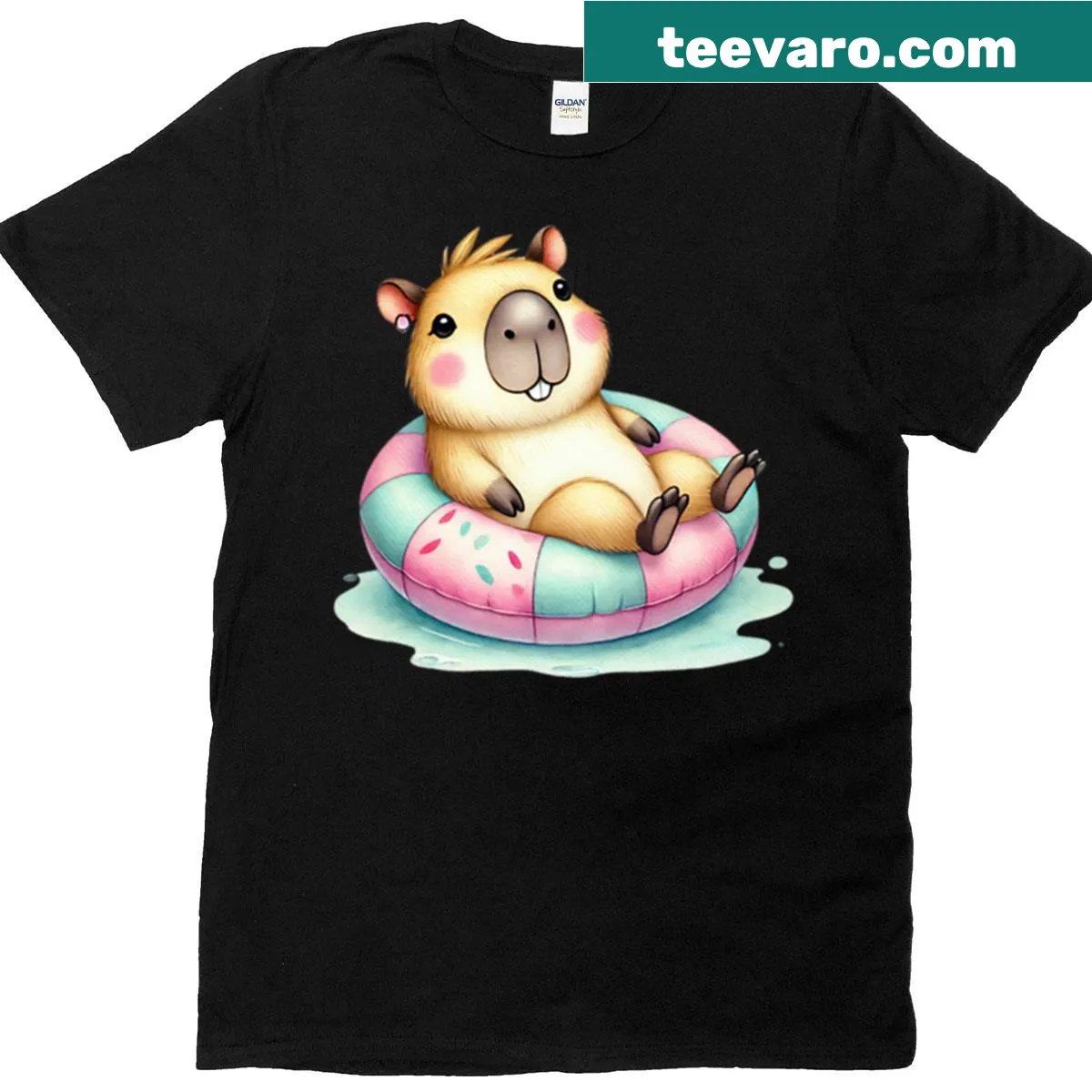T-shirt depicting a capybara floating on a summer float — on a men's t-shirt