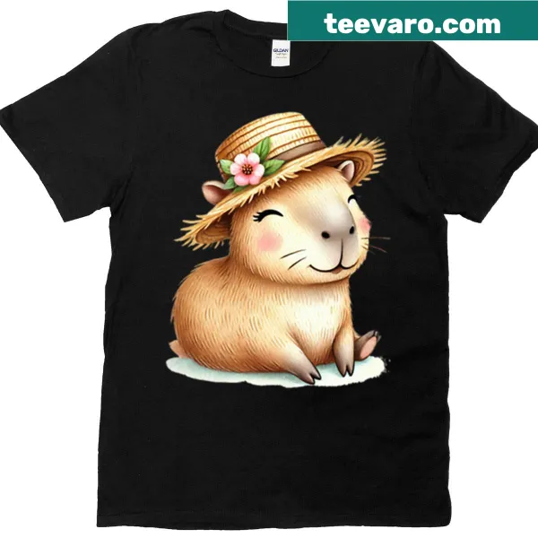 Capybara wearing a straw hat graphic on a summer-themed t-shirt