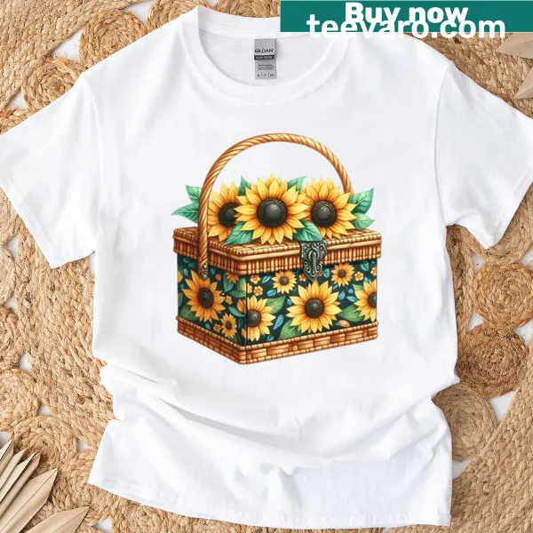 Cute floral T-shirt featuring a picnic basket and sunflowers