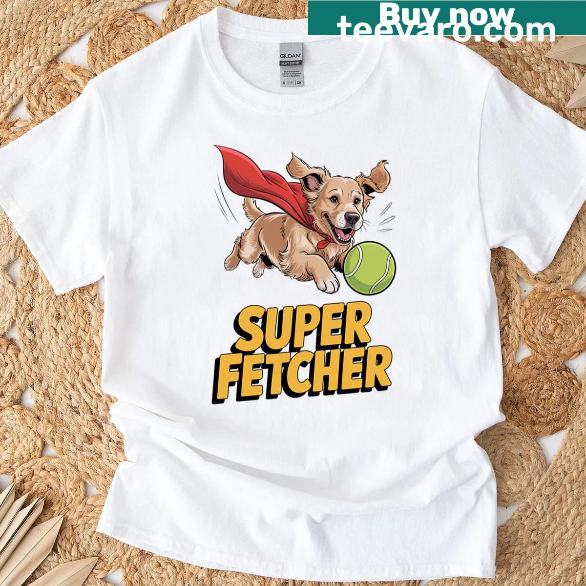 T-shirt featuring an illustration of a superhero dog fetching a ball — on a men's t-shirt