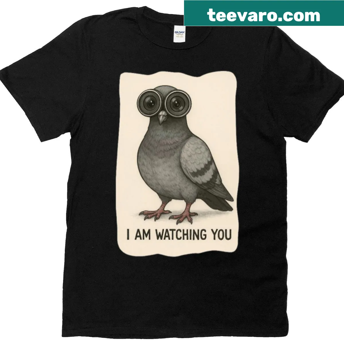 Cartoon pigeon graphic T-shirt with 'I Am Watching You' text — on a men's t-shirt