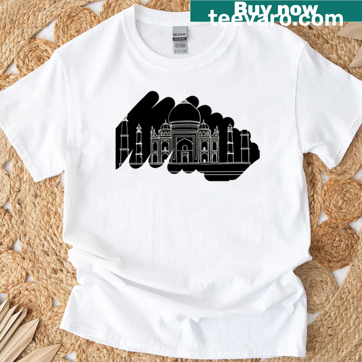 Minimalist line art T-shirt of the Taj Mahal — on a men's t-shirt