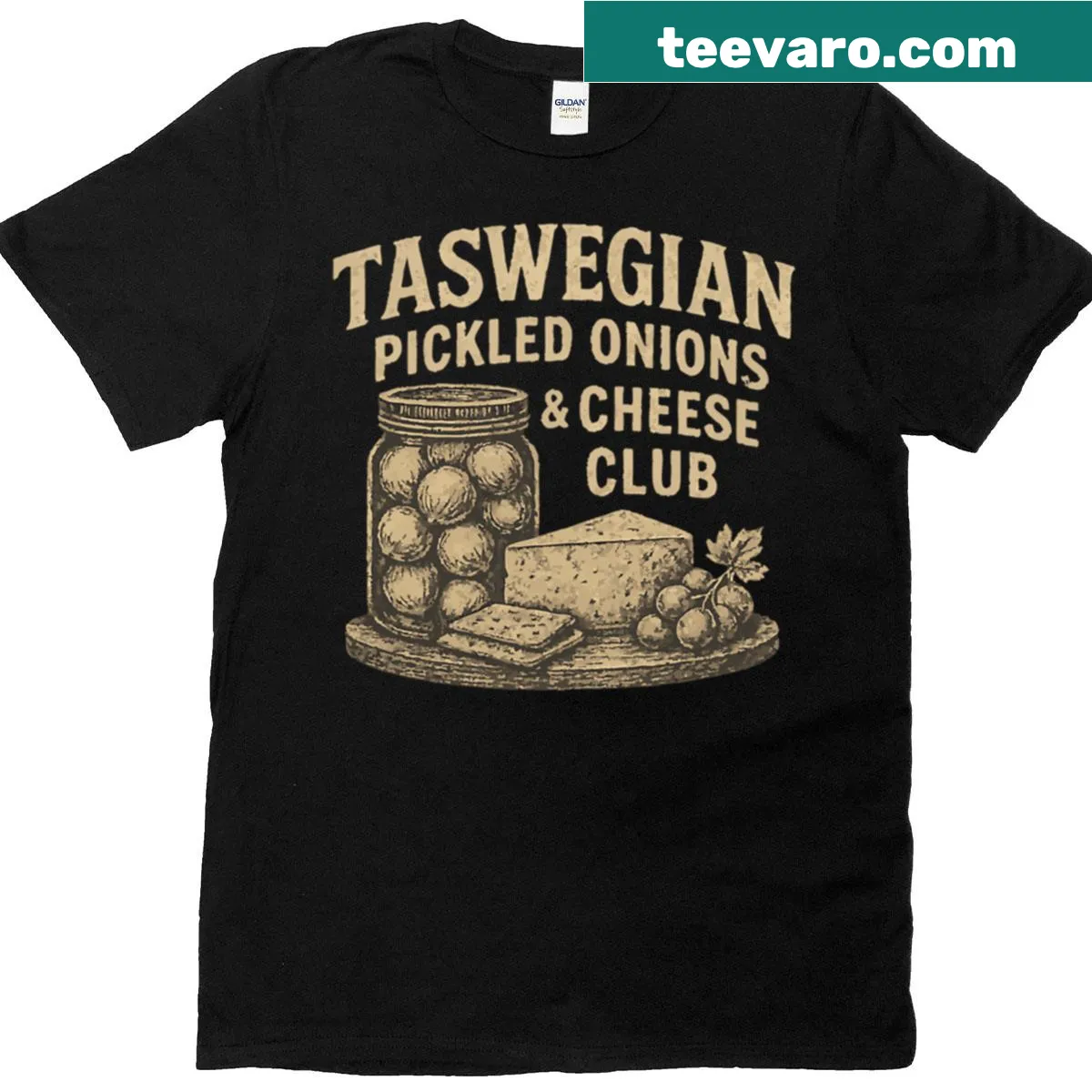 Cartoon graphic of pickled onions and cheese on a t-shirt — on a men's t-shirt