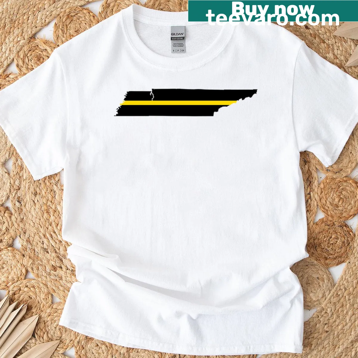 T-shirt featuring the Tennessee thin gold line design — on a men's t-shirt
