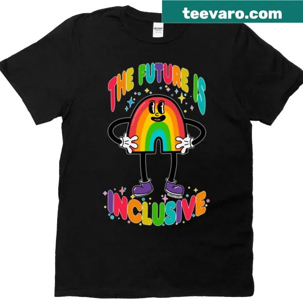 Retro rainbow T-shirt with the phrase 'The Future Is Inclusive'