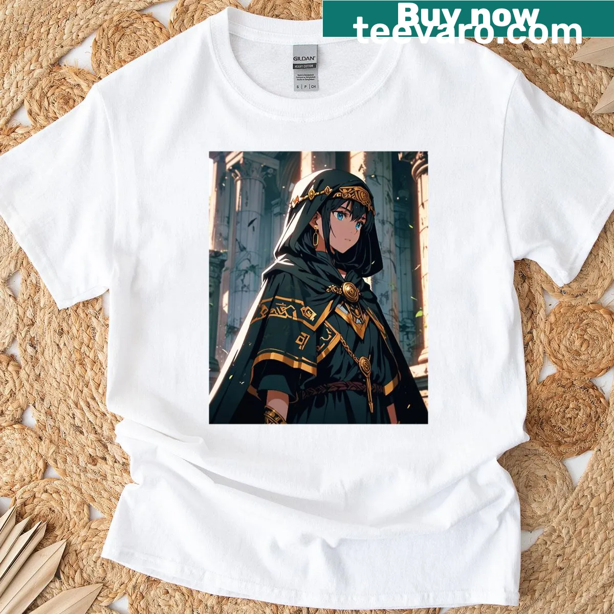Warrior graphic set against green backdrop on a T-shirt — on a men's t-shirt