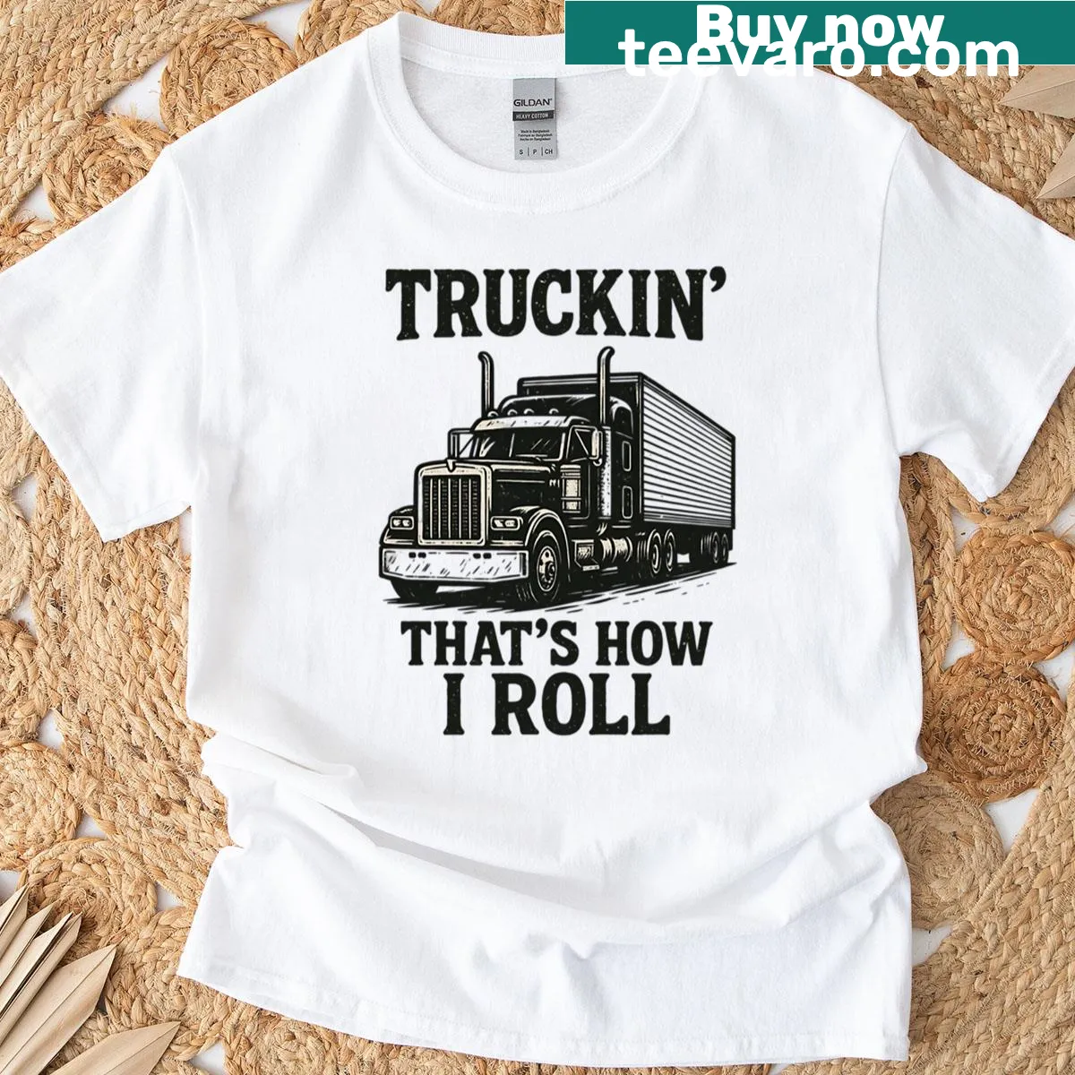 Playful text 'Trucking That's How I Roll' on a T-shirt — on a men's t-shirt
