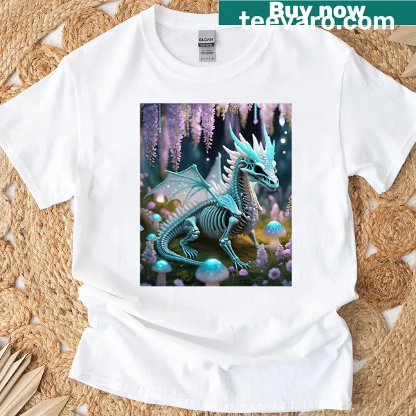 Oversized T-shirt with skeletal dragon and turquoise mushrooms illustration