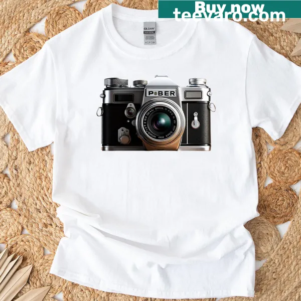 Vintage camera design resembling a sticker on a T-shirt