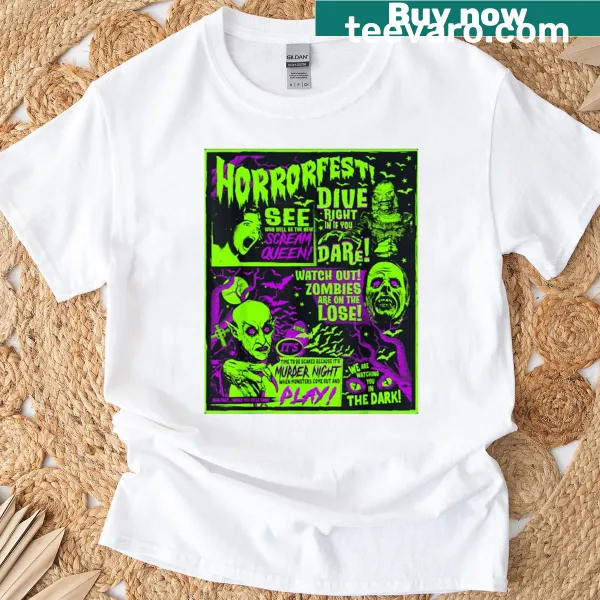 Vintage horror movie poster design on a T-shirt
