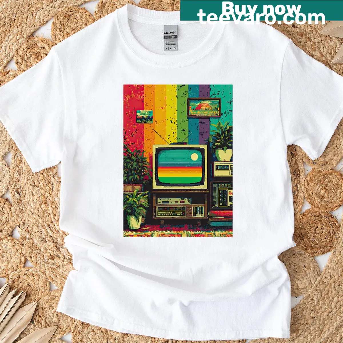 Vintage pixel block graphic T-shirt with a retro disco theme — on a men's t-shirt
