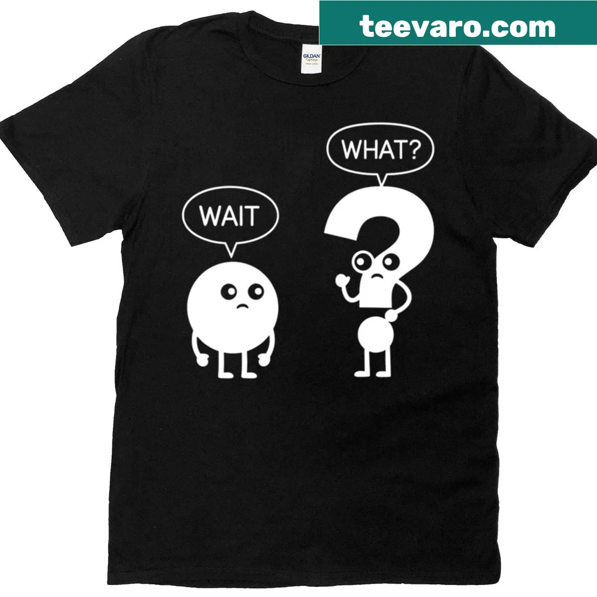 Funny minimalist T-shirt with cartoon characters and Wait What text — on a men's t-shirt