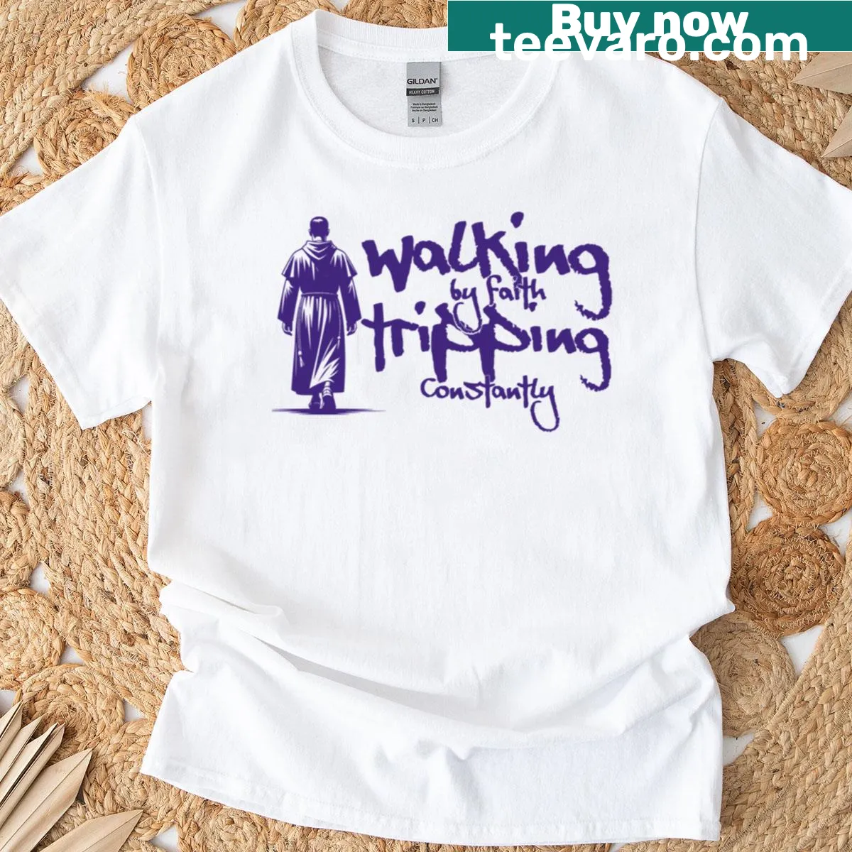 Inspirational Christian quote on a T-shirt about walking by faith — on a men's t-shirt