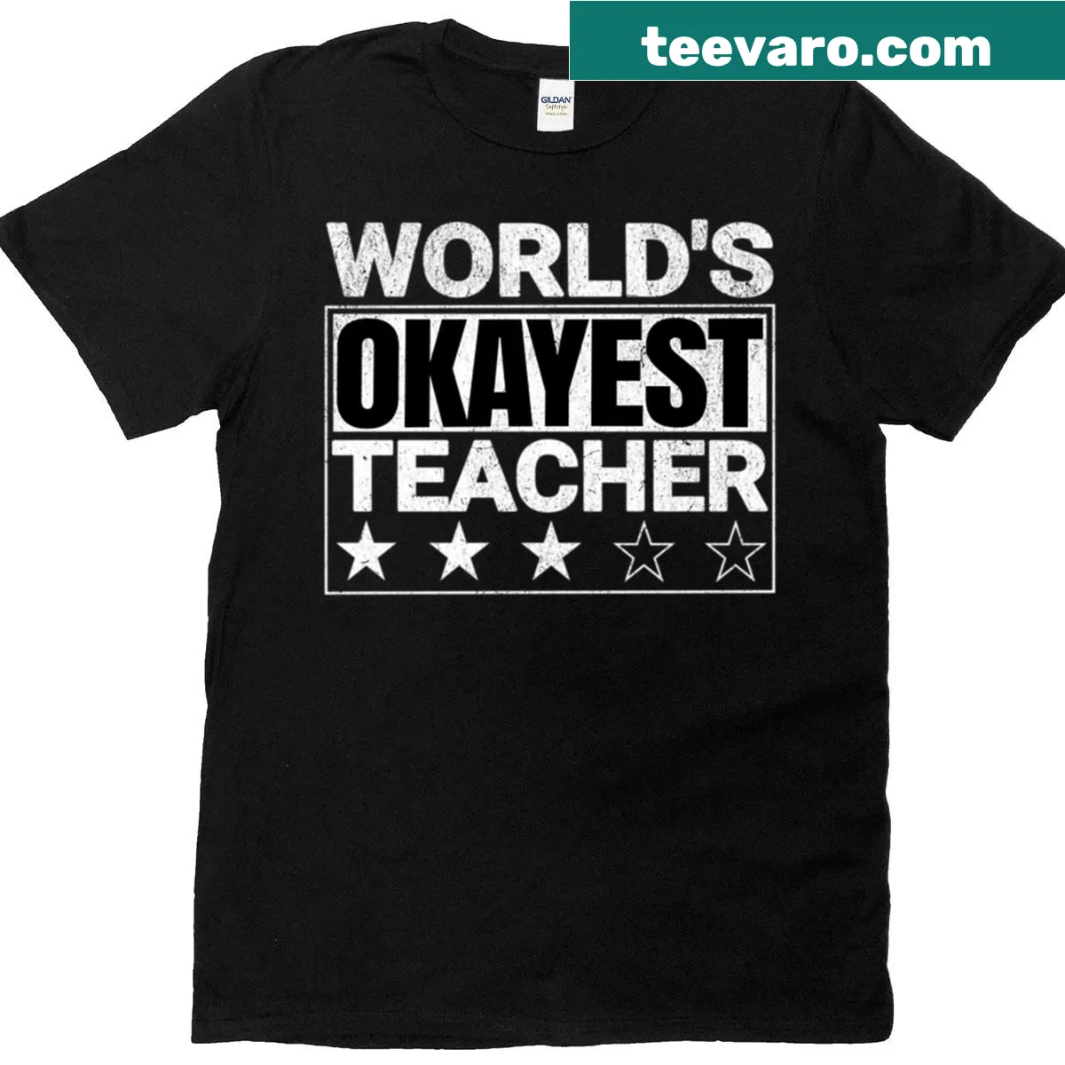 Funny World's Okayest Teacher t-shirt with playful typography — on a men's t-shirt