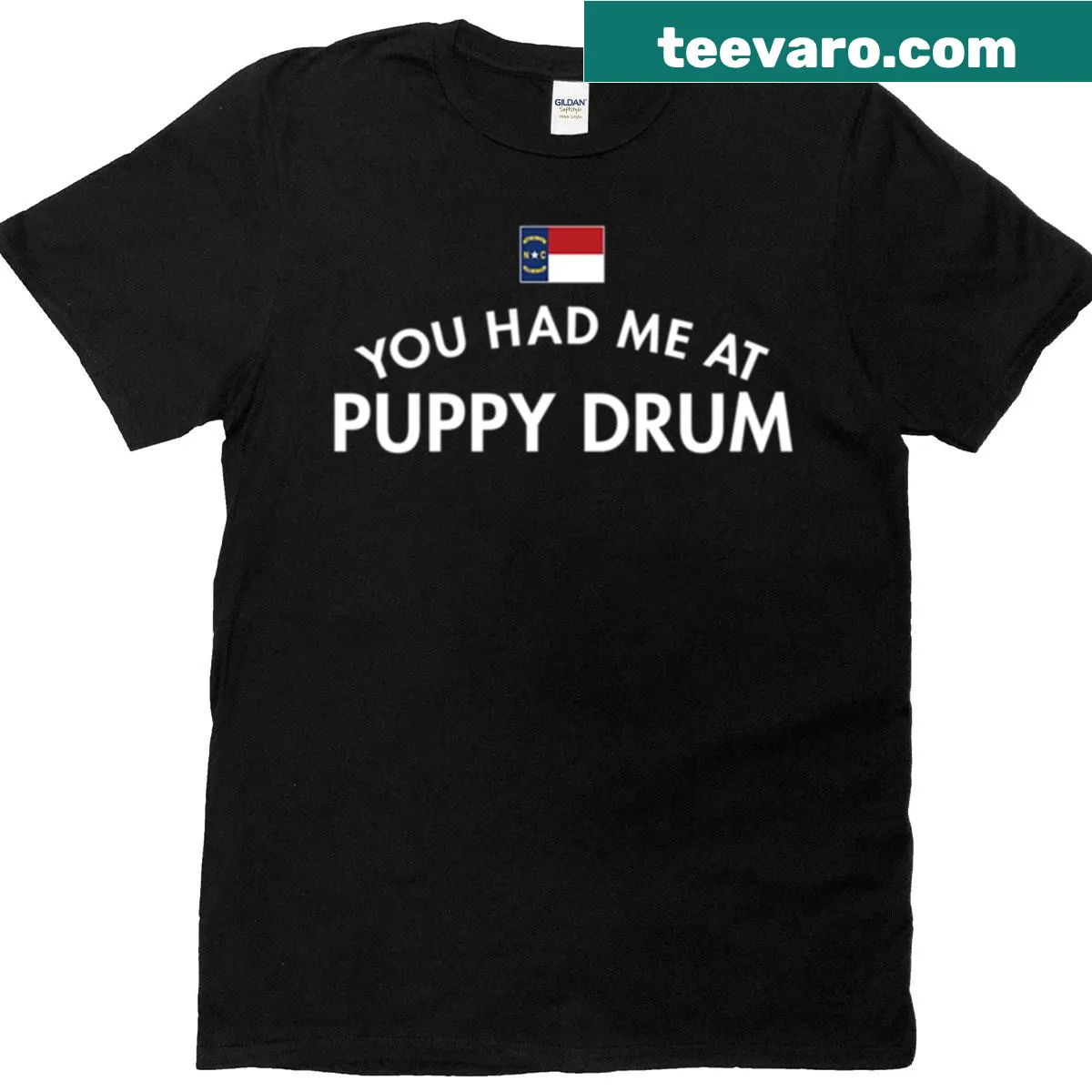 Illustration of a drum with the phrase You Had Me At Puppy — on a men's t-shirt