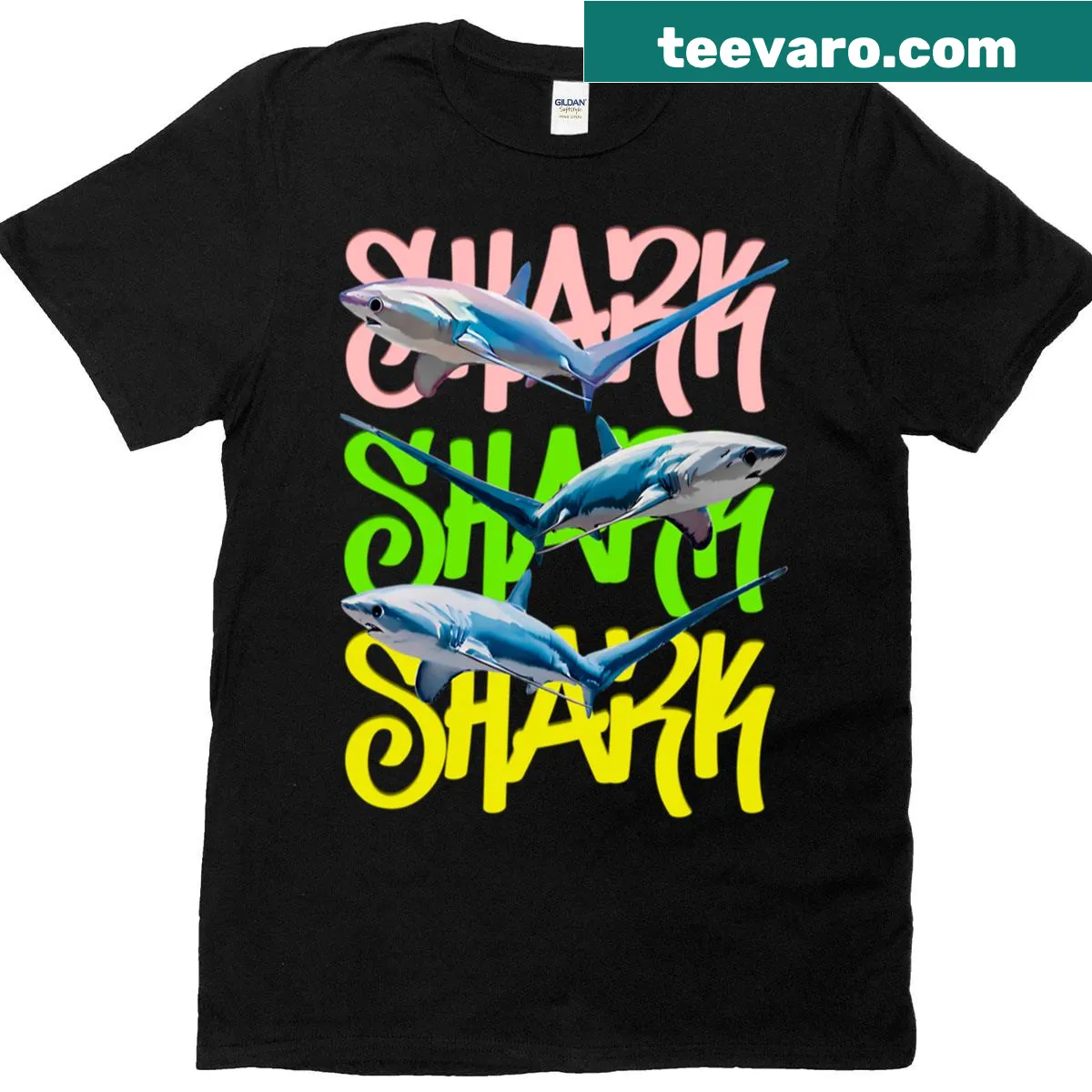 Oversized T-shirt featuring three thresher sharks and a playful slogan — on a men's t-shirt