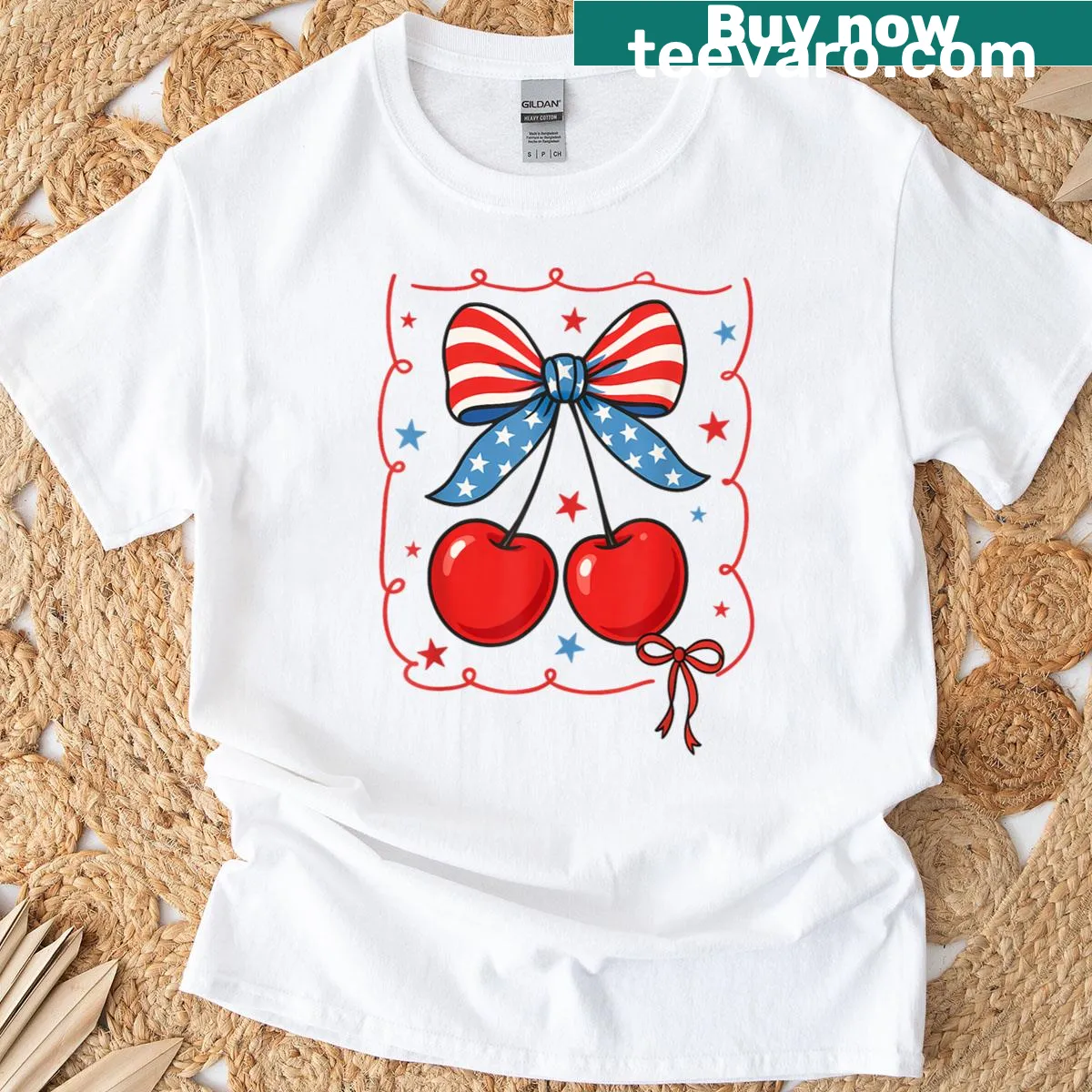 Cherry and American flag design on Fourth of July T-shirt — on a men's t-shirt