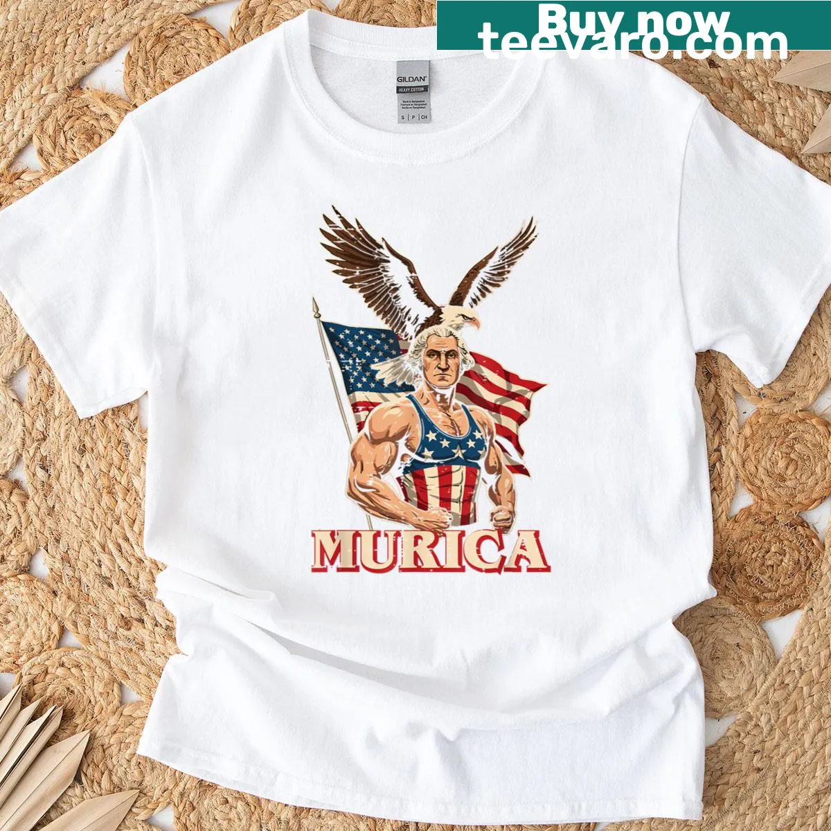 Funny T-shirt featuring buff George Washington for 4th of July — on a men's t-shirt