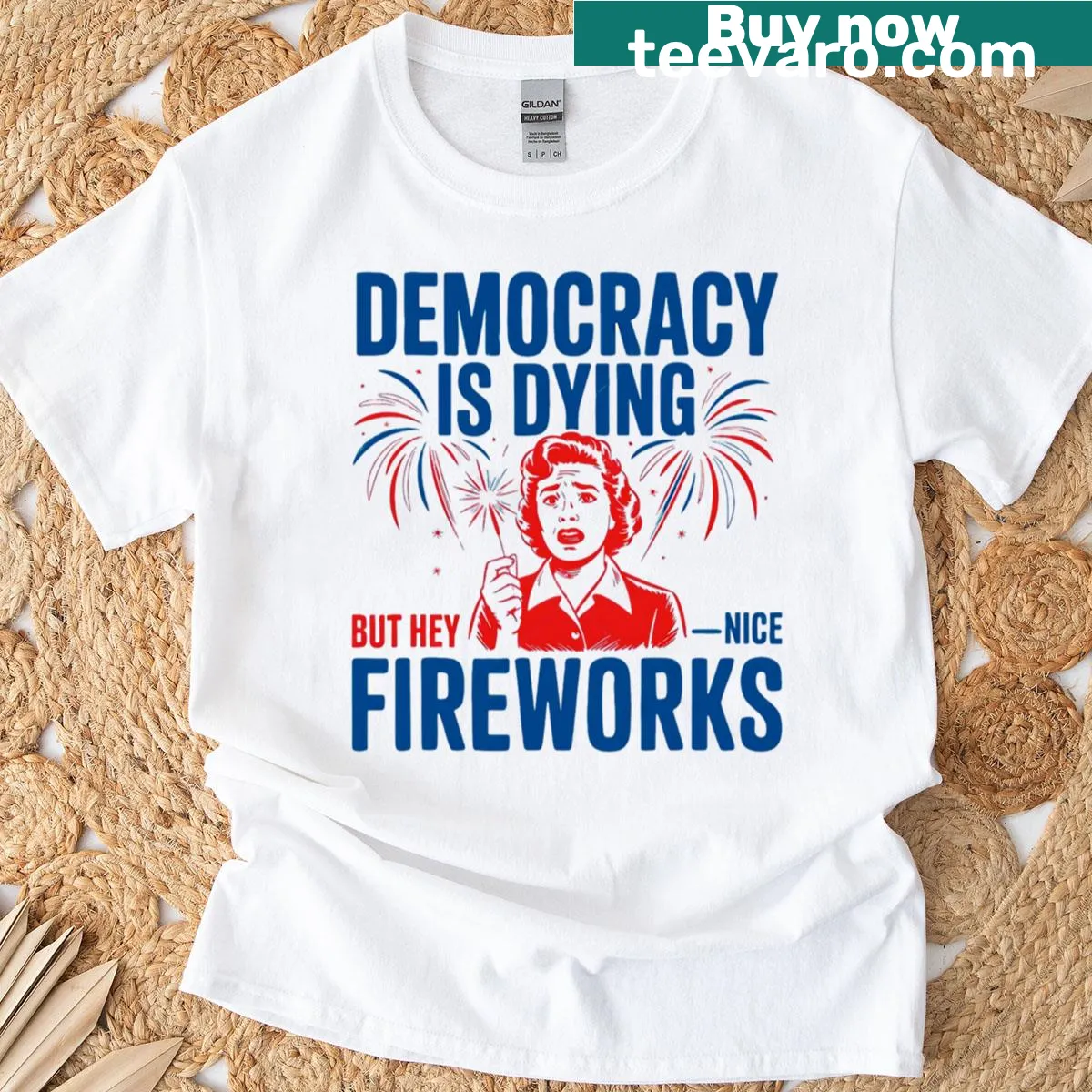 Retro graphic T-shirt with fireworks and political commentary — on a men's t-shirt