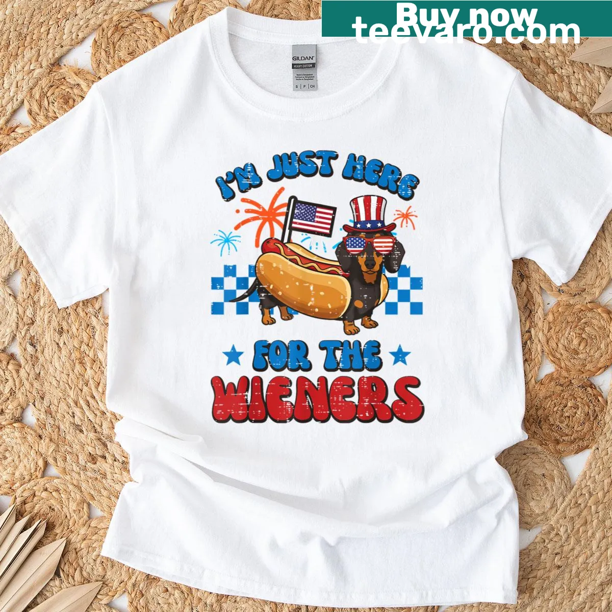 Cartoon dachshund design for the Fourth of July T-shirt — on a men's t-shirt