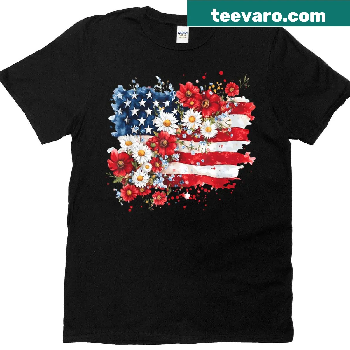 Floral American flag design on a women's patriotic t-shirt — on a men's t-shirt