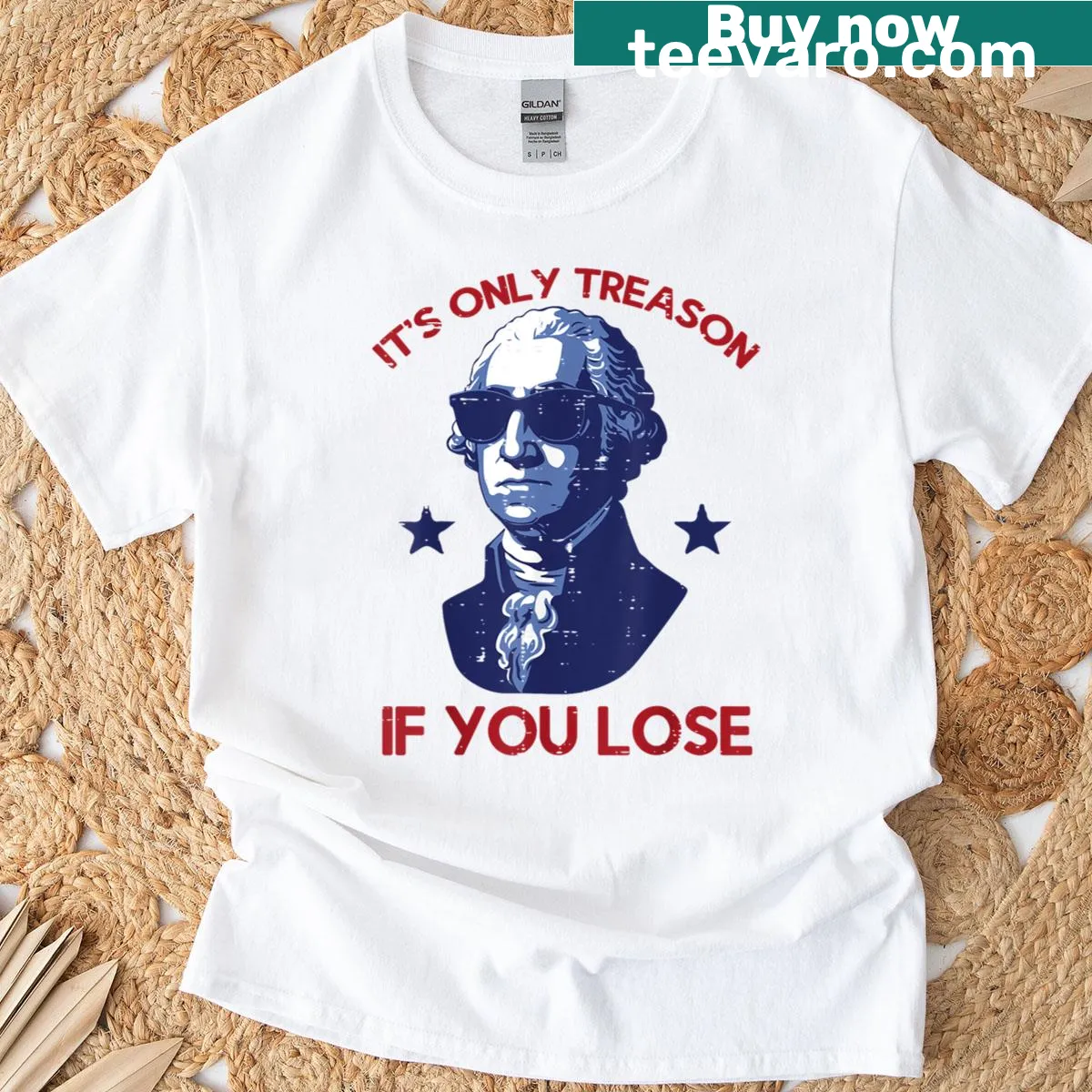 Funny T-shirt featuring cartoon George Washington and a treason phrase — on a men's t-shirt