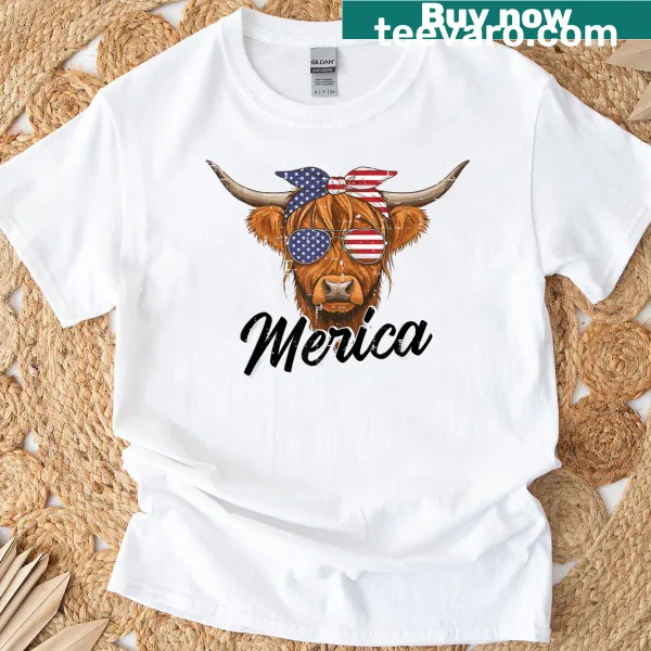 Illustrated T-shirt featuring a Highland cow celebrating Independence Day
