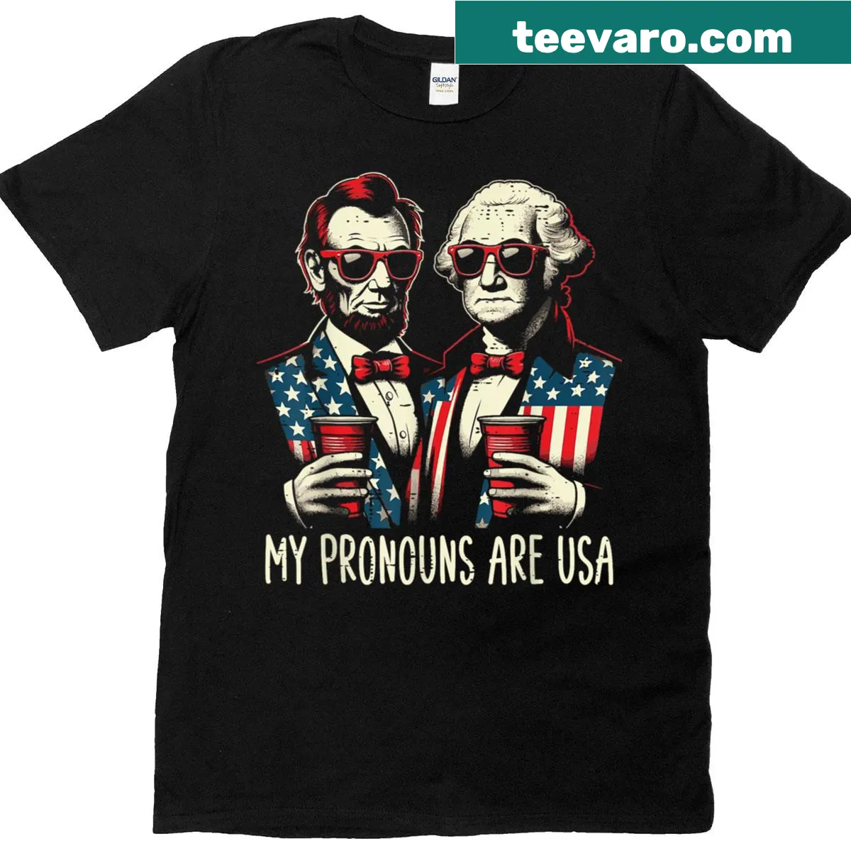 Funny Independence Day T-shirt featuring Lincoln and Washington — on a men's t-shirt