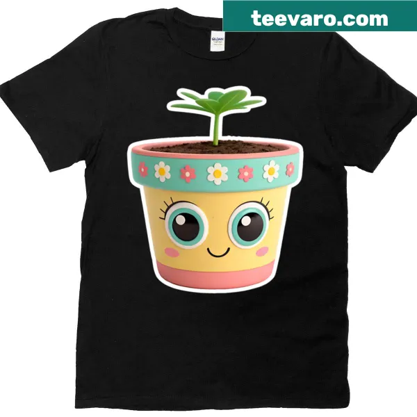 Kawaii-style flower pot graphic with a smiley face
