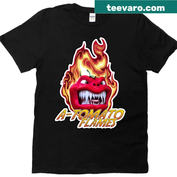 Funny graphic T-shirt featuring a flaming tomato design
