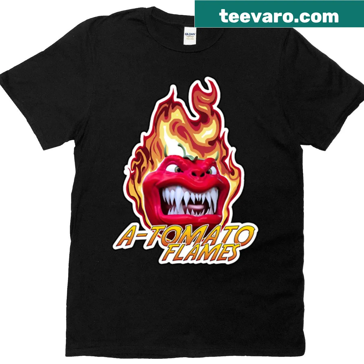 Funny graphic T-shirt featuring a flaming tomato design — on a men's t-shirt
