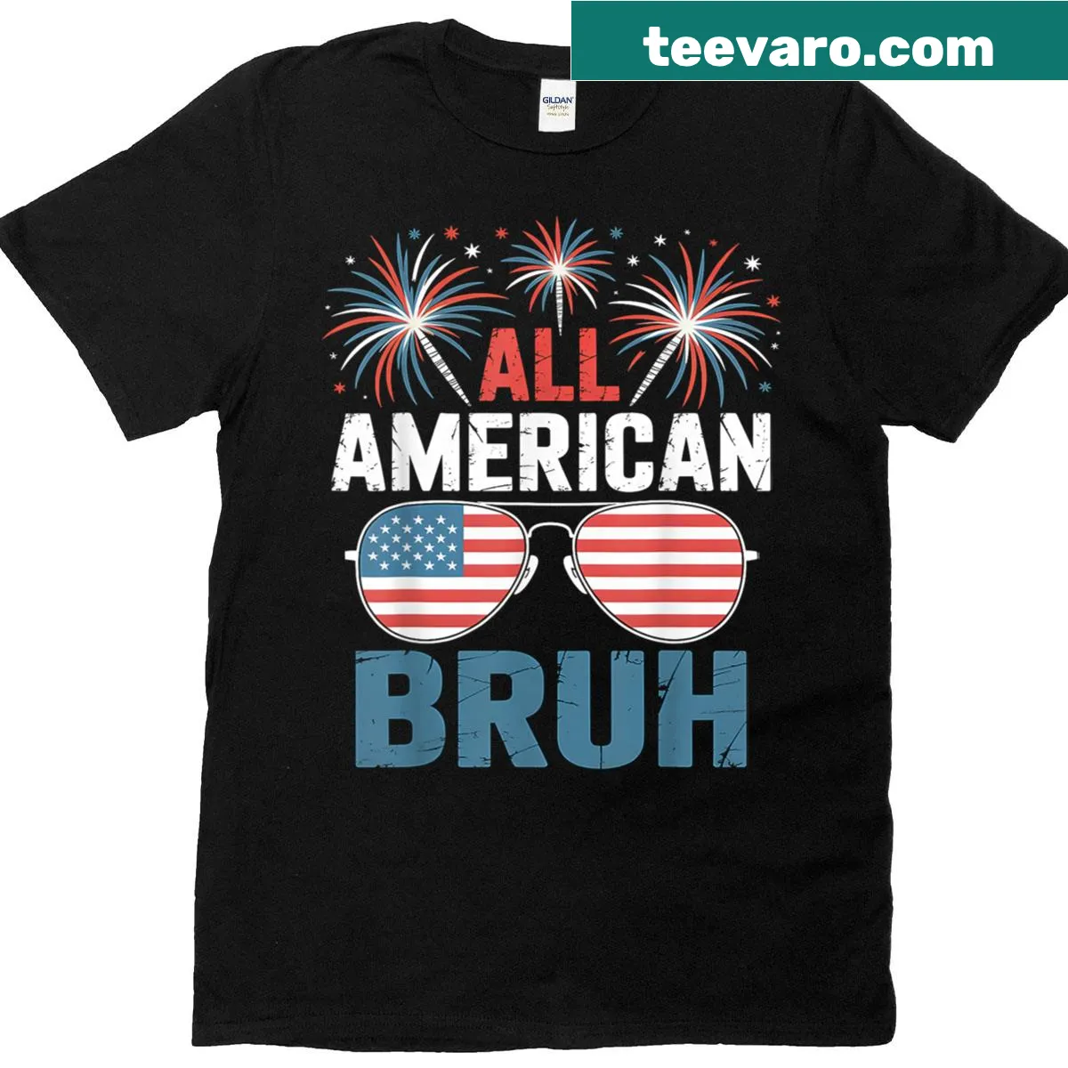 Funny 4th of July T-shirt with sunglasses and fireworks — on a men's t-shirt
