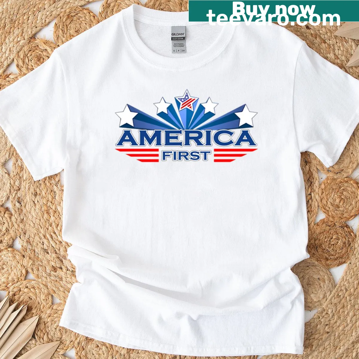 Crest graphic T-shirt showcasing America First pride. — on a men's t-shirt