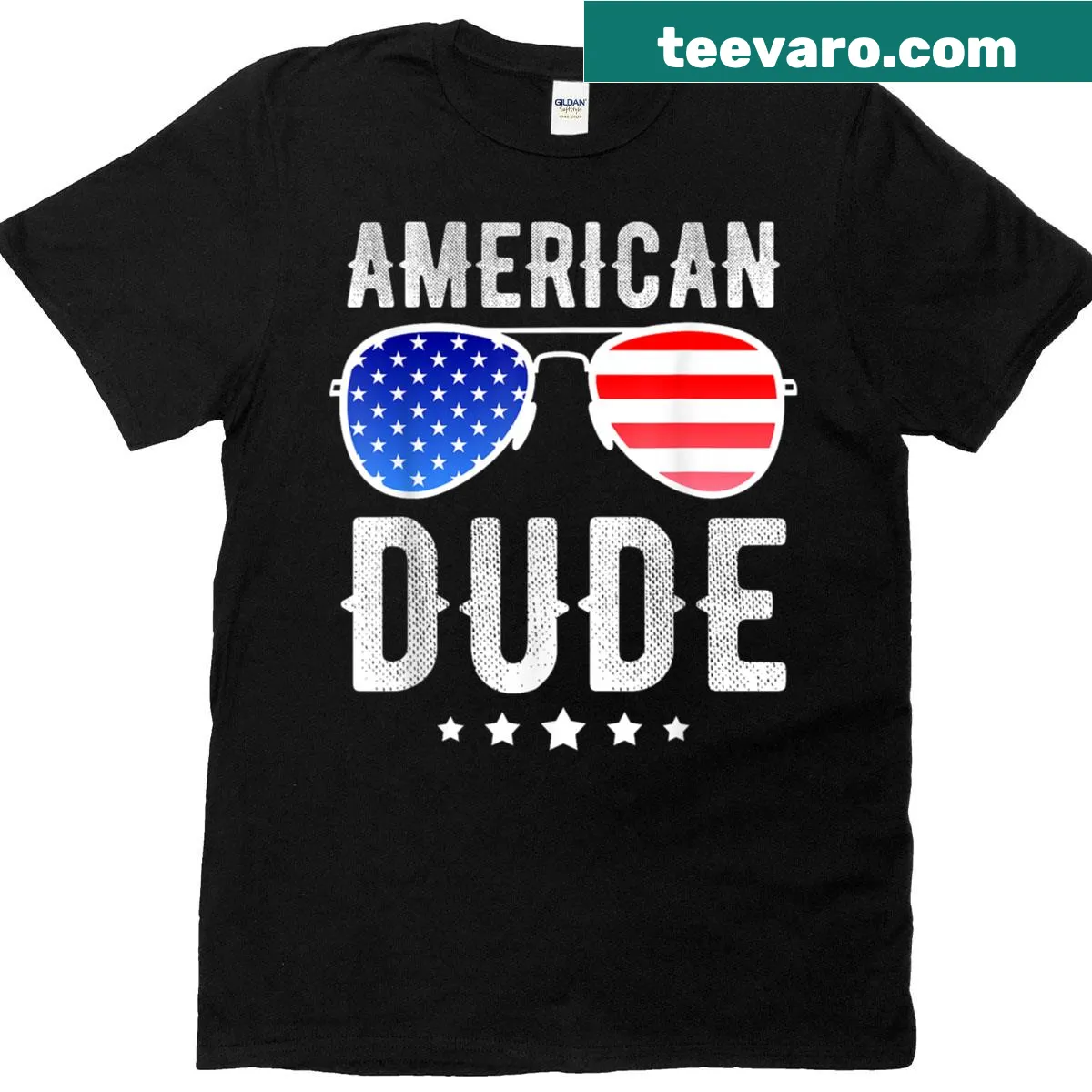Cartoon T-shirt featuring a patriotic dude in sunglasses for Fourth of July — on a men's t-shirt