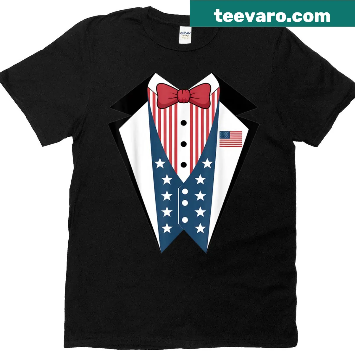 Funny American Flag Tuxedo T-shirt for 4th of July — on a men's t-shirt