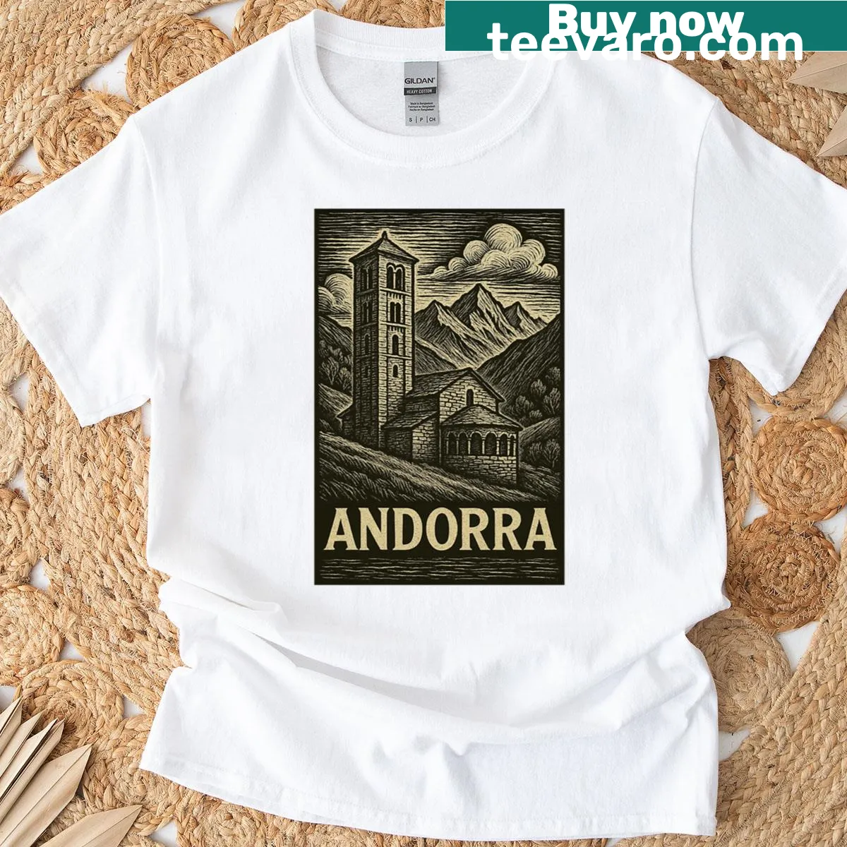 Linocut style graphic of Andorra on a T-shirt — on a men's t-shirt