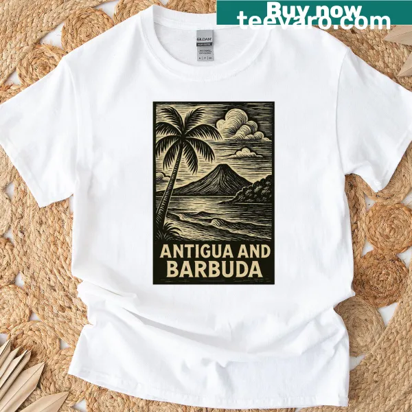 Linocut style graphic T-shirt representing Antigua and Barbuda.
