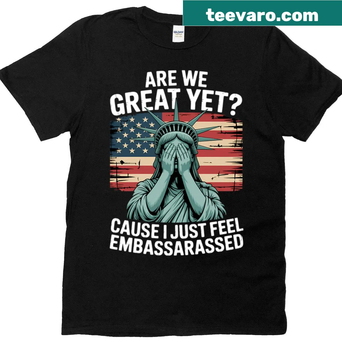 T-shirt featuring the Statue of Liberty with the text 'Are We Great Yet?' — on a men's t-shirt