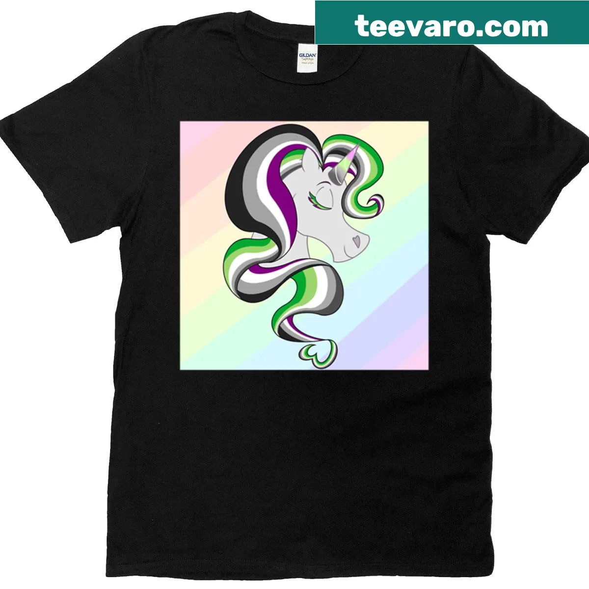 Charming unicorn graphic T-shirt celebrating aroace identity — on a men's t-shirt