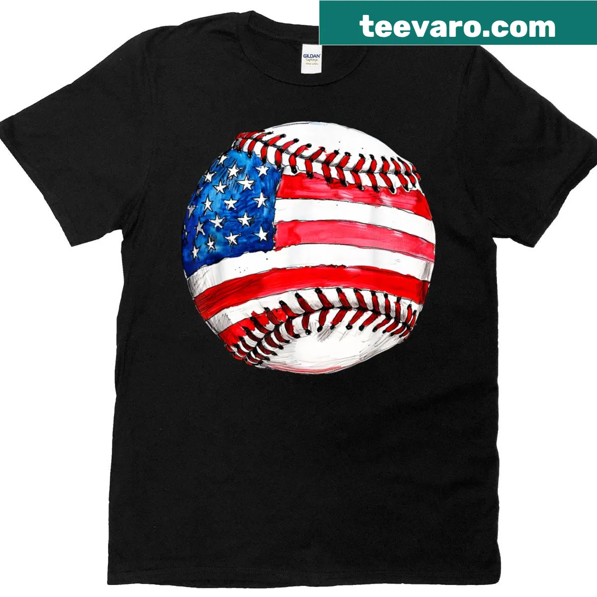Baseball-themed graphic t-shirt for Fourth of July festivities — on a men's t-shirt