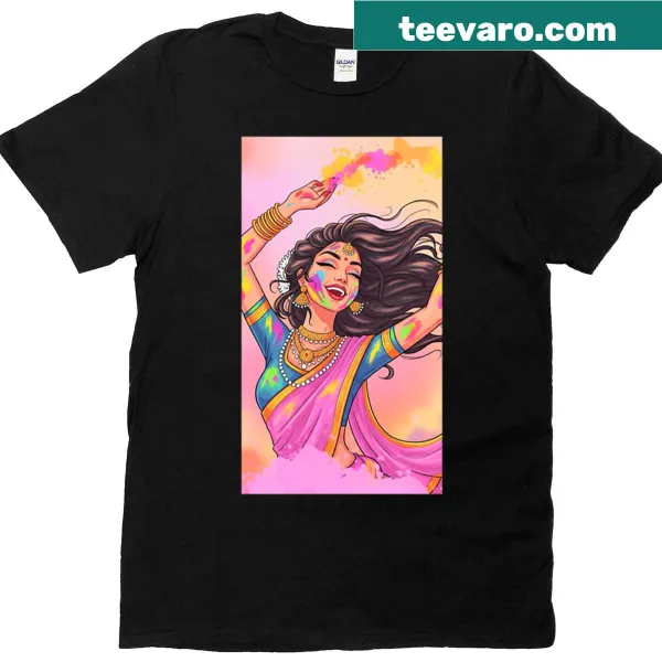 T-shirt featuring a smiling woman celebrating