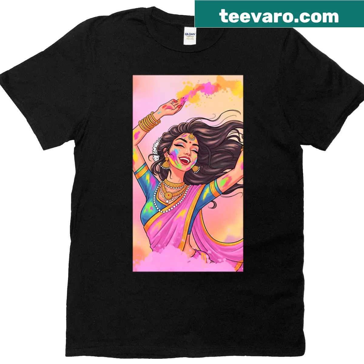 T-shirt featuring a smiling woman celebrating — on a men's t-shirt
