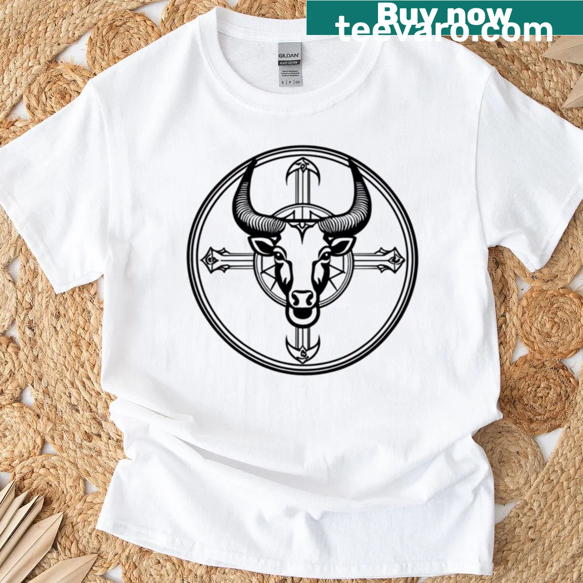 T-shirt featuring a black-outlined Sagittarius sticker design — on a men's t-shirt