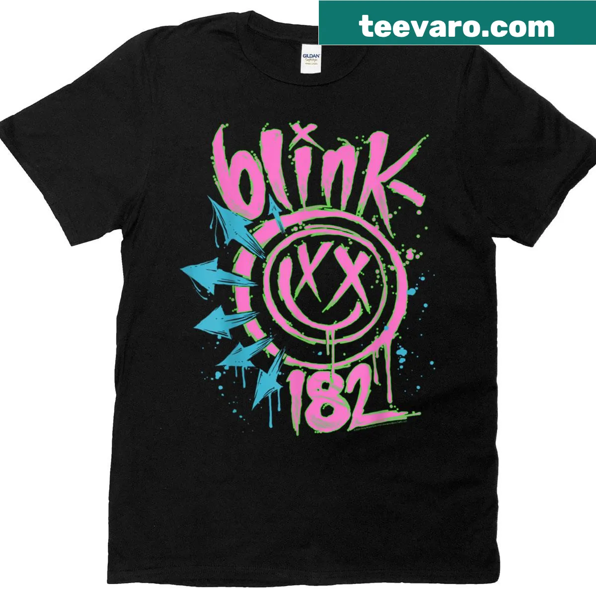 Neon graphic T-shirt featuring the Blink 182 band logo — on a men's t-shirt
