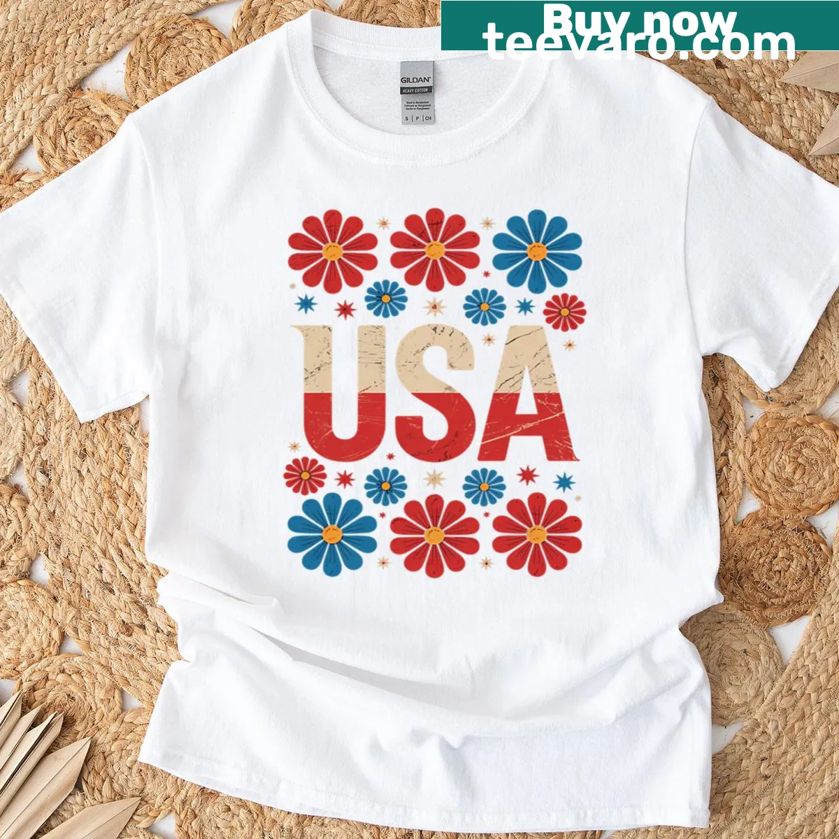 Boho floral design T-shirt for Fourth of July celebrations — on a men's t-shirt